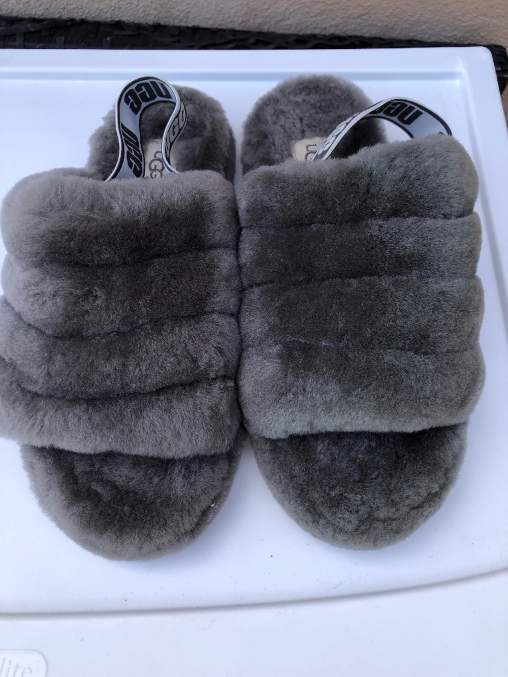 UGG Fluff Yeah Slide Slippers Grey Sheepskin Logo Strap